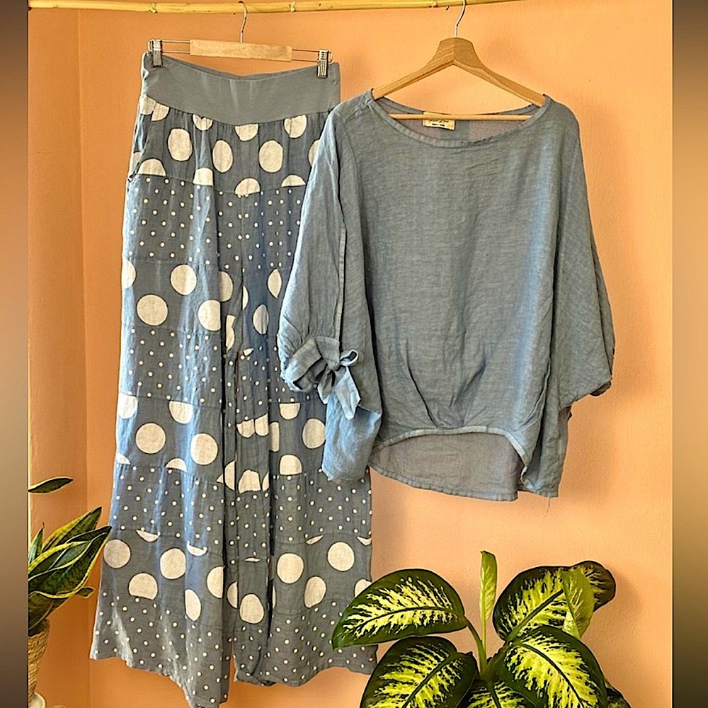 Made in Italy Linen Top and Polka-DOT Palazzo Pants-Blue and White